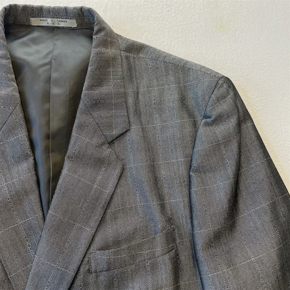 Vtg 42R SIlver Windowpane Check Double‎ Breasted Blazer Jacket Sport Coat